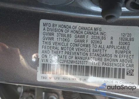 2021 Honda Civic Lx из США, поврежденный, VIN 2HGFC2F62MH525377